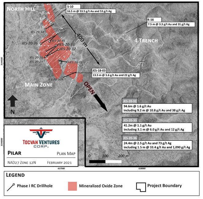 Figure 1. Map of Pilar Gold-Silver Project with Drilling Highlights